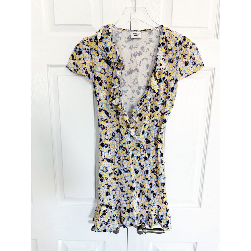 Sunday Best Floral Crepe Wrap Mini Dress Blue Yellow Ruffle Cottagecore